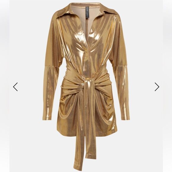 Norma Kamali TY Tie Front NK Metallic Gold Shirt Mini Dress Long Sleeve Sz Small - Picture 5 of 13